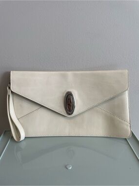 Ivory Envelope Italian Leather Wristlet Clutch with Silver Accent
